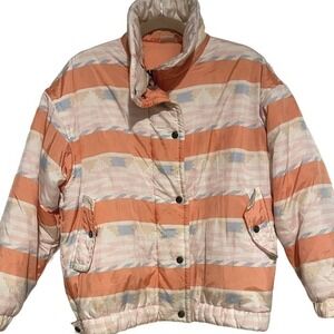 Vintage Striped Puffer Jacket Peach Cream Winter Coat Retro Ski Snow Outerwear